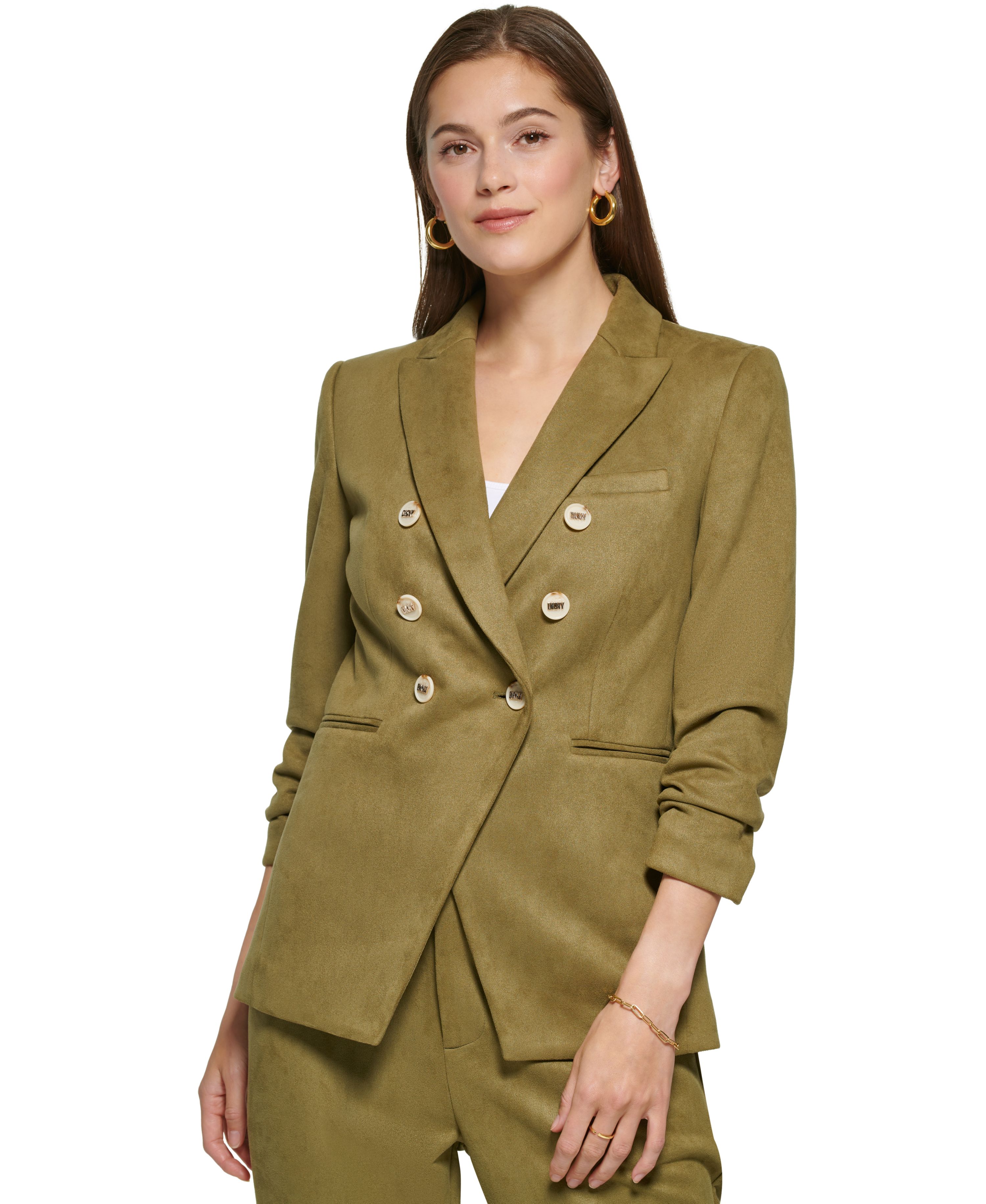 Women's Faux-Suede Double-Breasted Ruched-Sleeve Jacket Martini Olive 14